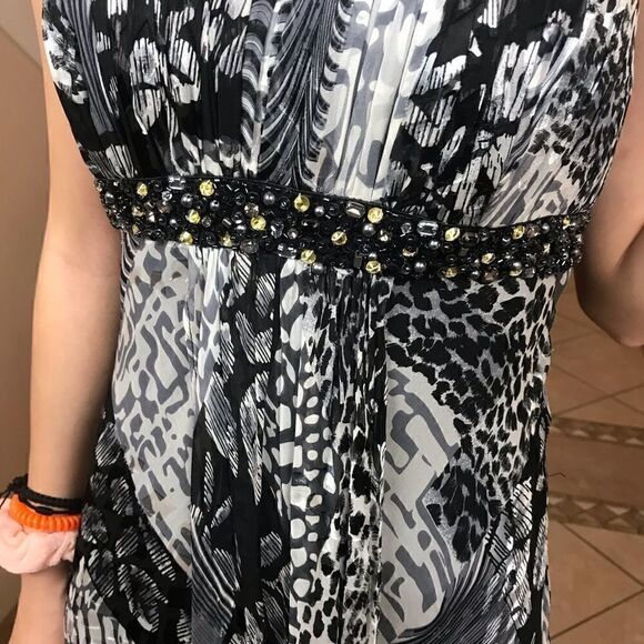 Nina Austin long  print dress w/ bead accents - Picture 3 of 7